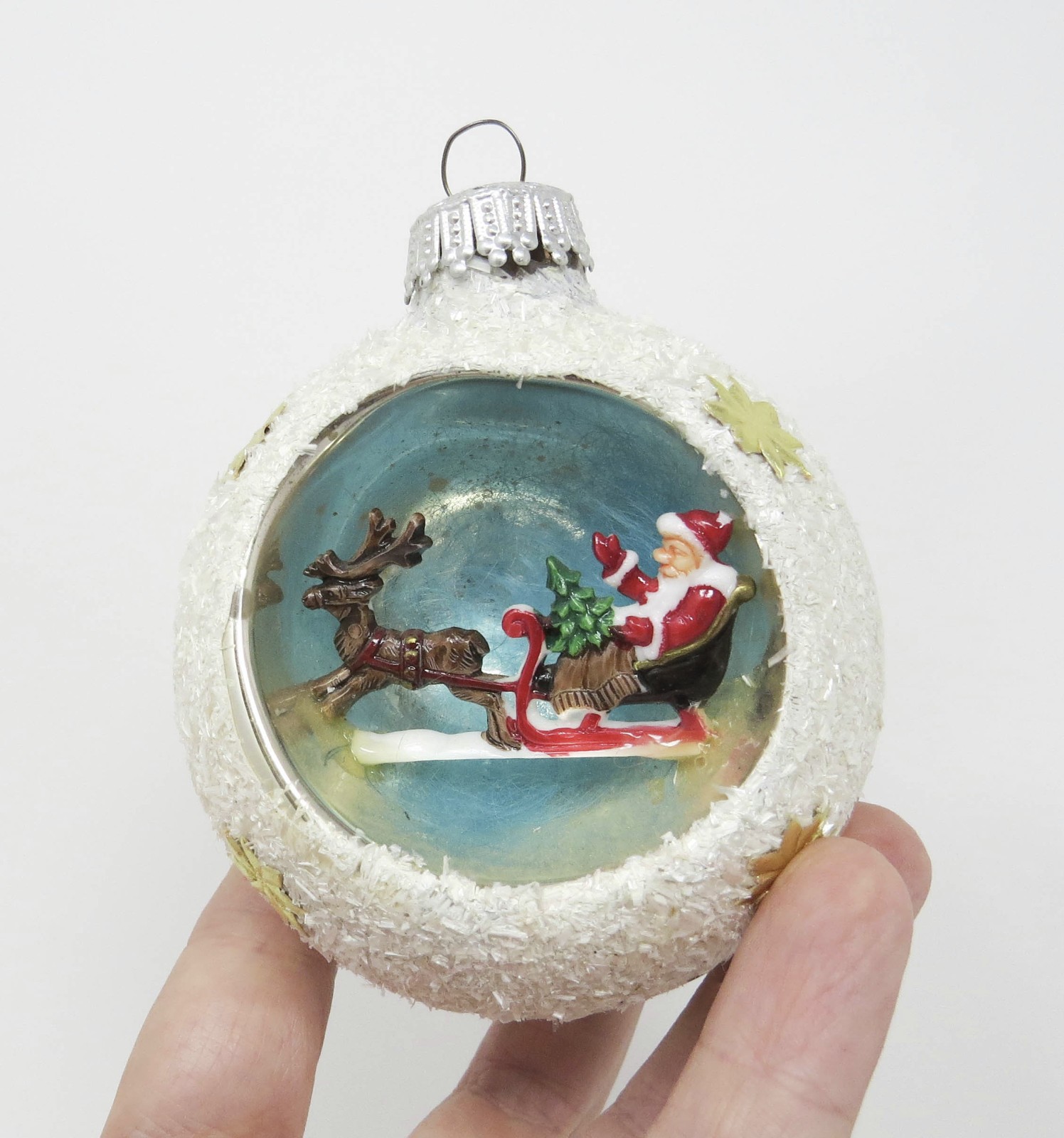 Jumbo Vtg Hand Blown Santa Claus & Sleigh Diorama Ornament ~ West Germany ~ 3 Jumbo Vtg Hand Blown Santa Claus & Sleigh Diorama Ornament ~ West Germany ~ 3