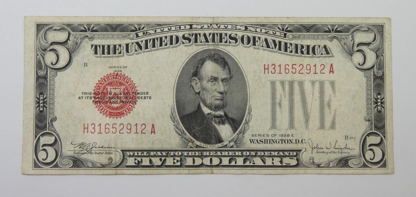 Series of 1928-E Red Seal $5 Legal Tender US Note Fr. 1530 VF, Problem Free