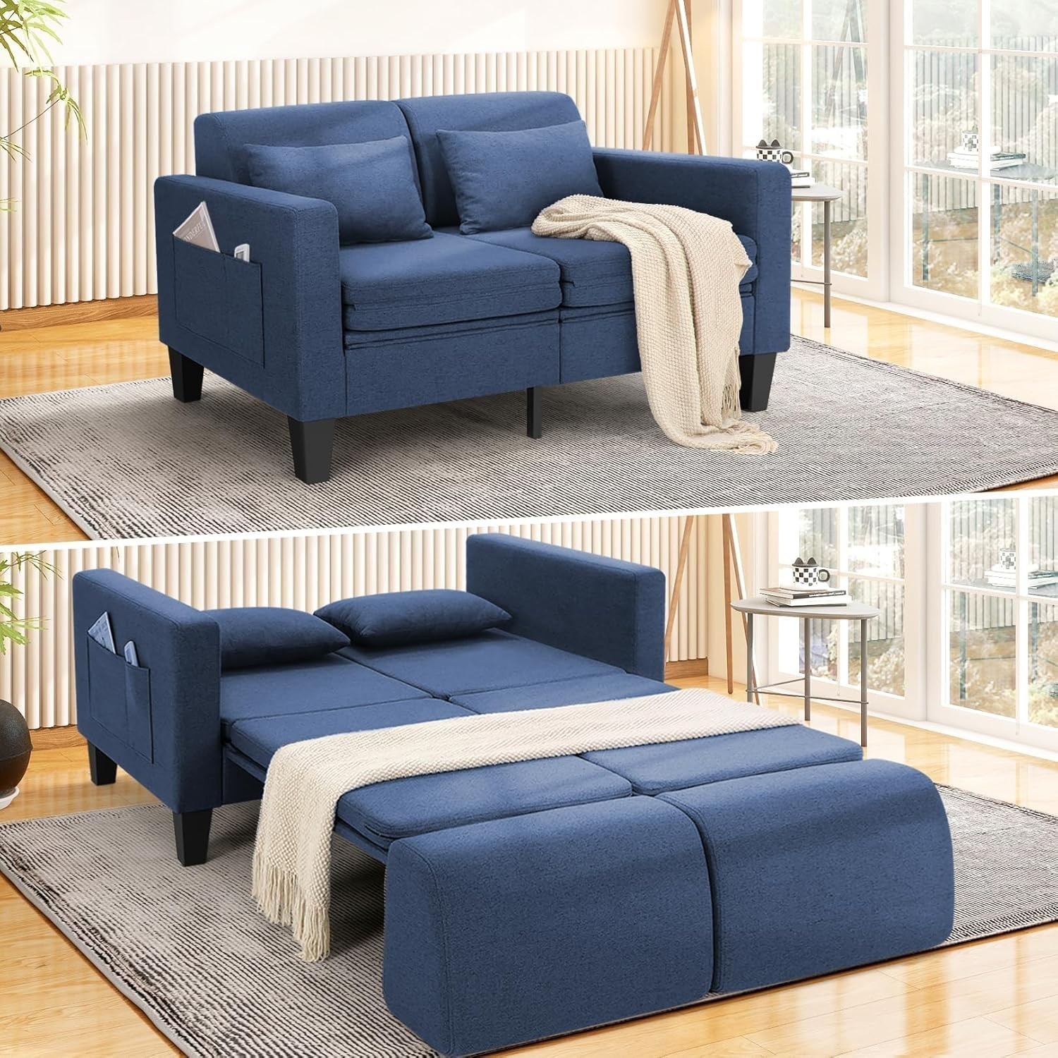 6-in1- Convertible Loveseat Couch Sleeper Sofa Unique Removable Backrest Design*