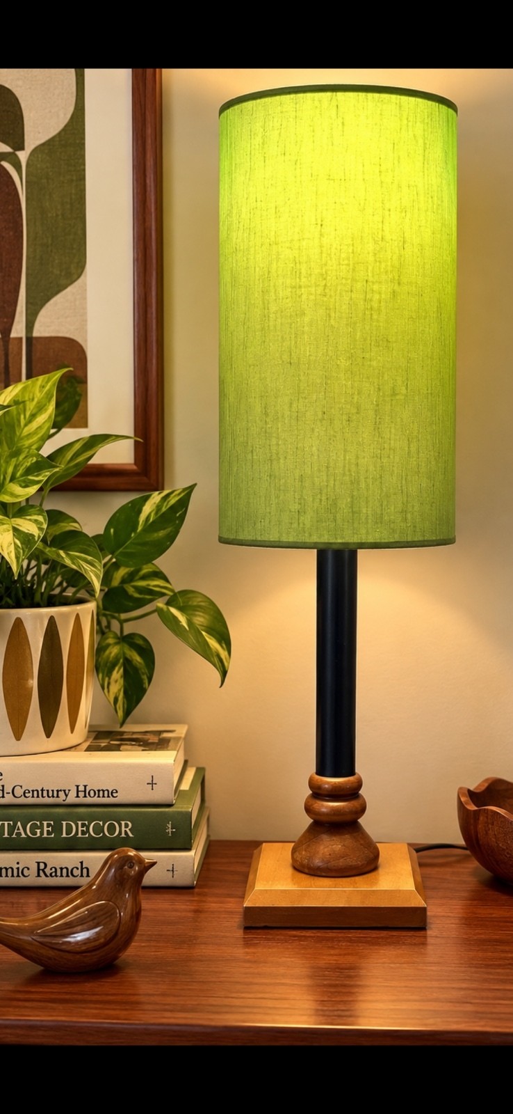 Vintage Mid Century Table Lamp Chartreuse Green Drum Shade 21” MCM Mod Wood Lamp