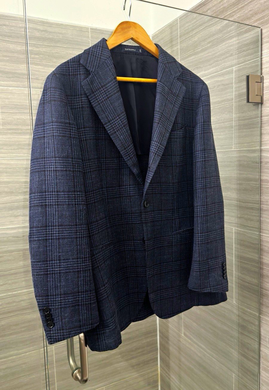 SUITSUPPLY Navy Checked Tailored Fit Havana Blazer, Wool Silk Linen, size 40S SUITSUPPLY Navy Checked Tailored Fit Havana Blazer, Wool Silk Linen, size 40S