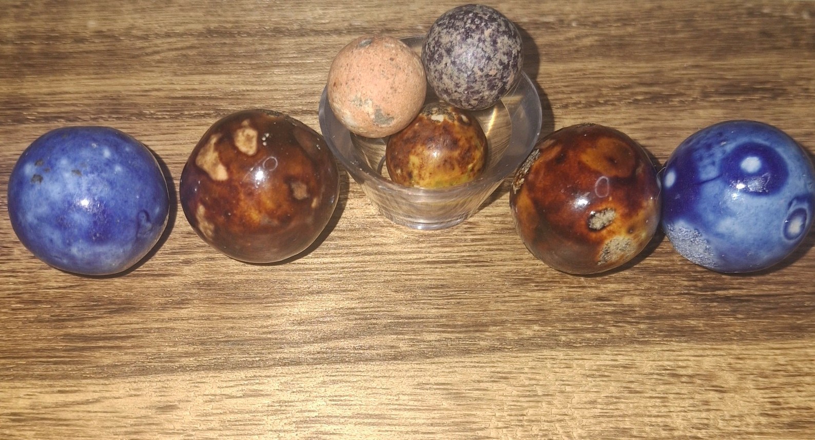 7 Antique German Bennington/ Clay Marbles Blue And Brown 7 Antique German Bennington/ Clay Marbles Blue And Brown