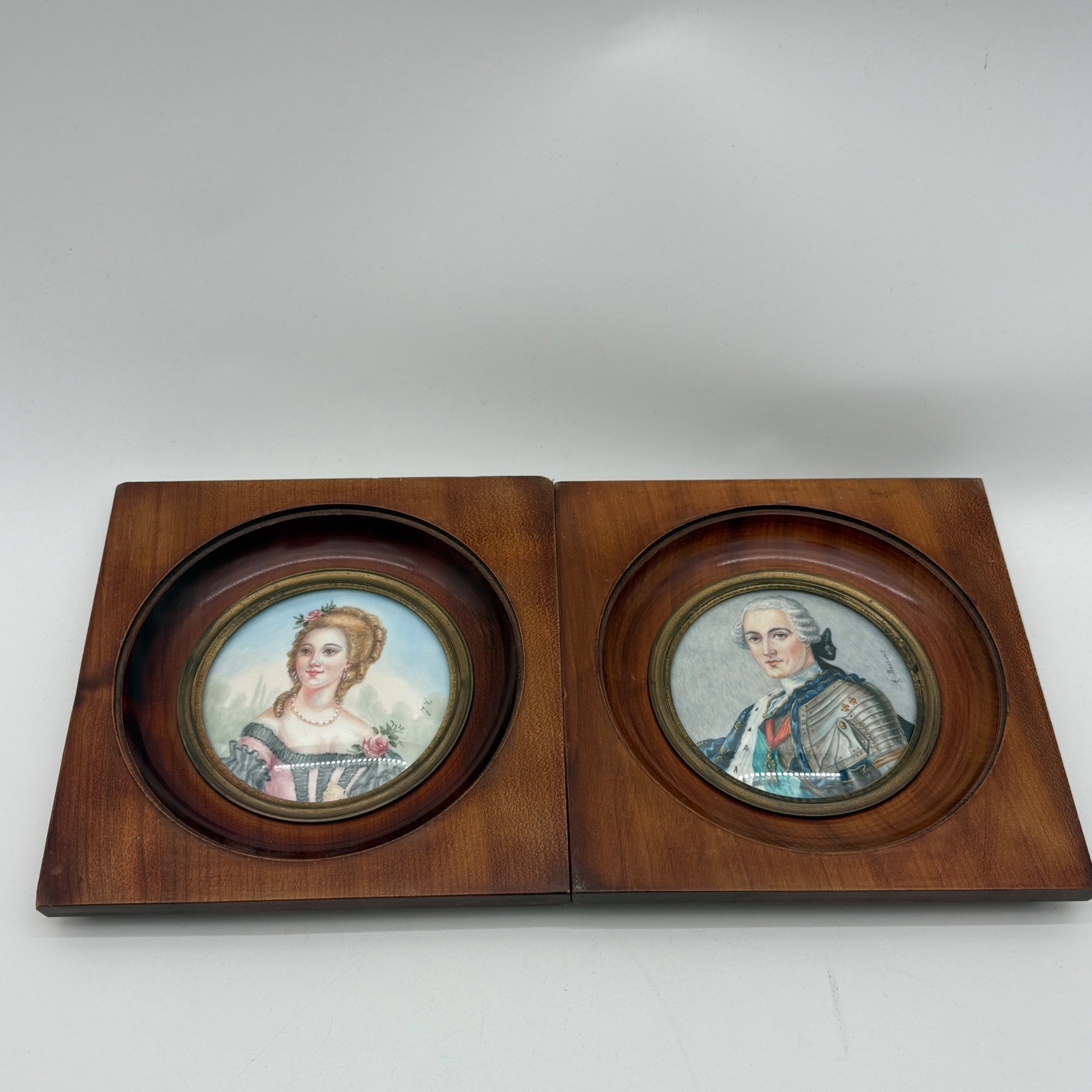 Antique French Portrait Miniatures Pair Painted Porcelain Wood Frames J.Y Barrot