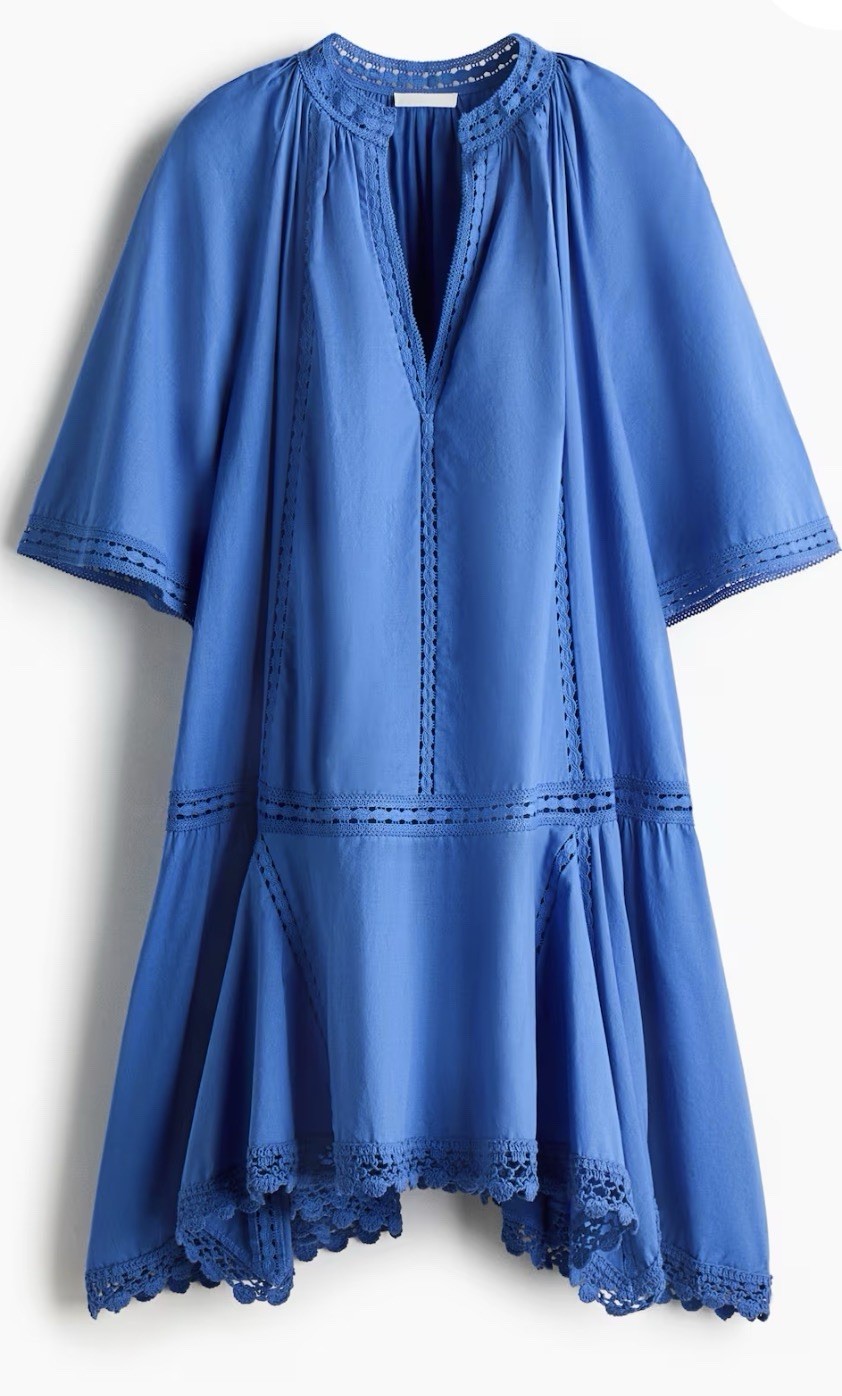 H&M LACE-INSET COTTON DRESS Blue Size Large H&M LACE-INSET COTTON DRESS Blue Size Large