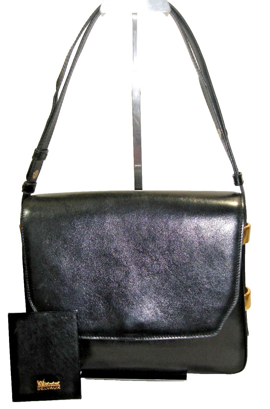 Vtg Delvaux Dark Blue Exquisite Leather Suede Lined Shoulder Bag COA Mirror EUC