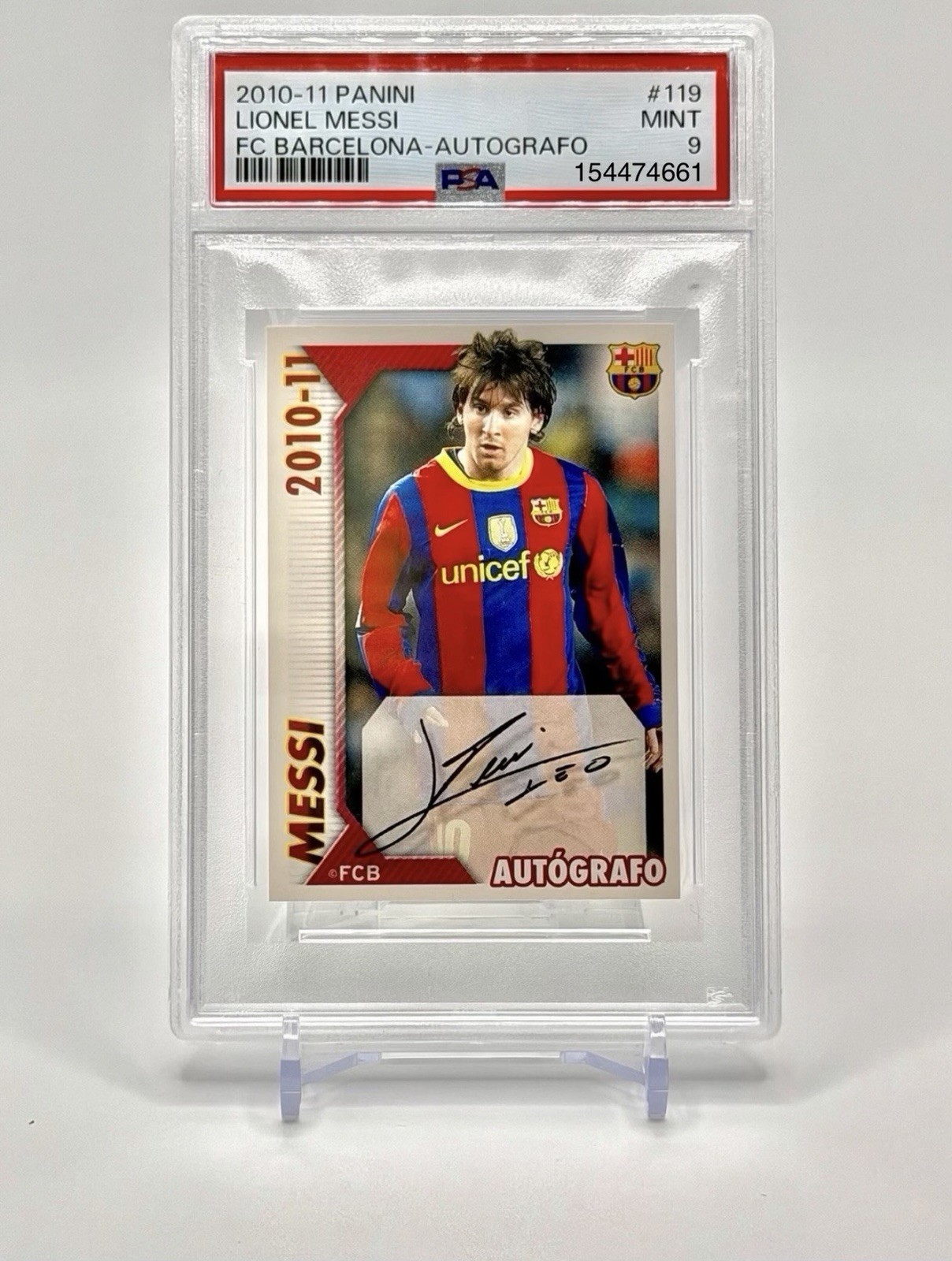 LIONEL MESSI FC Barcelona 2010-11 Autografo PSA 9 Panini Stickers #119 Auto Mint LIONEL MESSI FC Barcelona 2010-11 Autografo PSA 9 Panini Stickers #119 Auto Mint