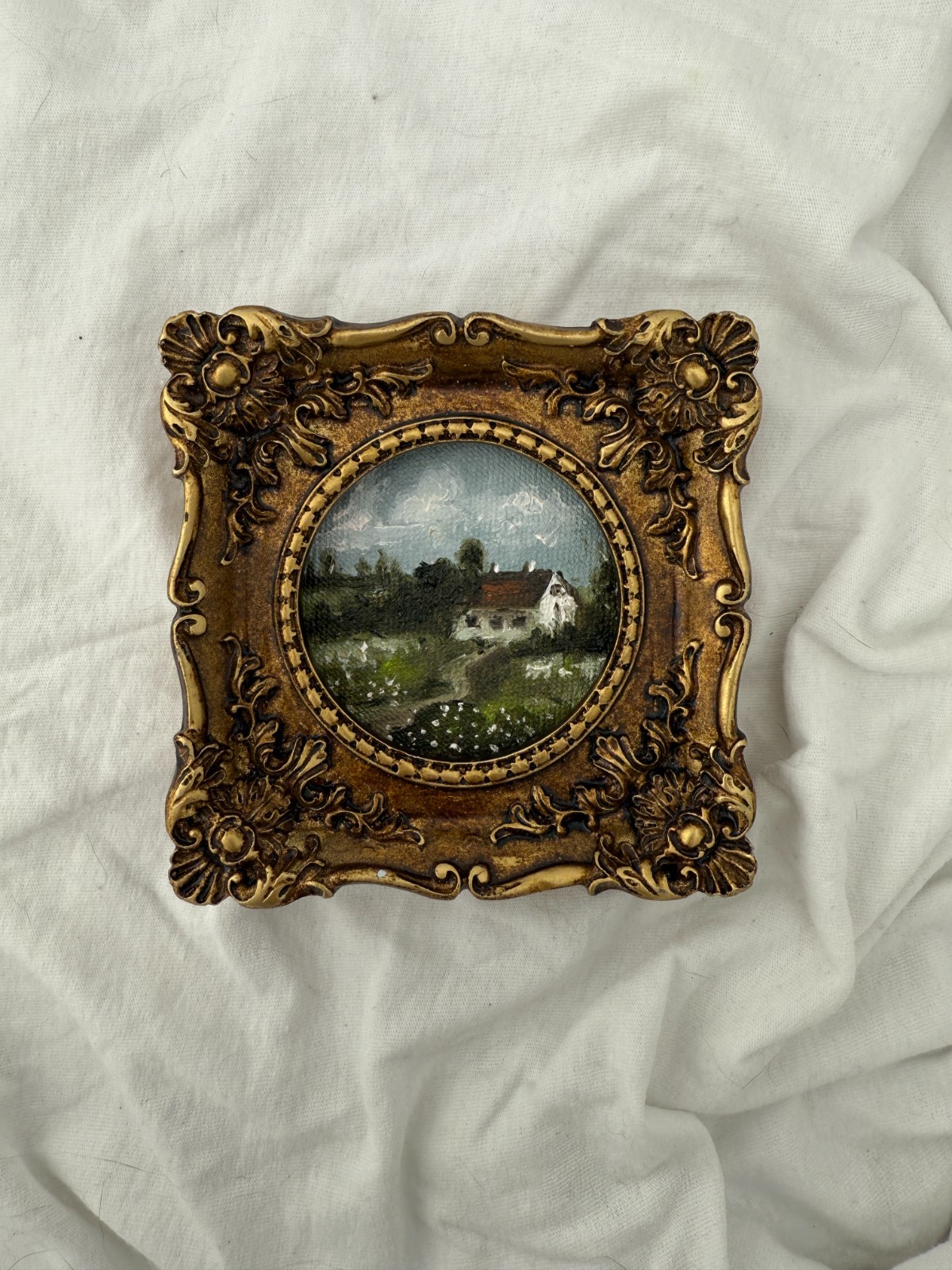 Miniature Landscape Oil Painting – Tiny Cottage Garden in Antique Frame 
