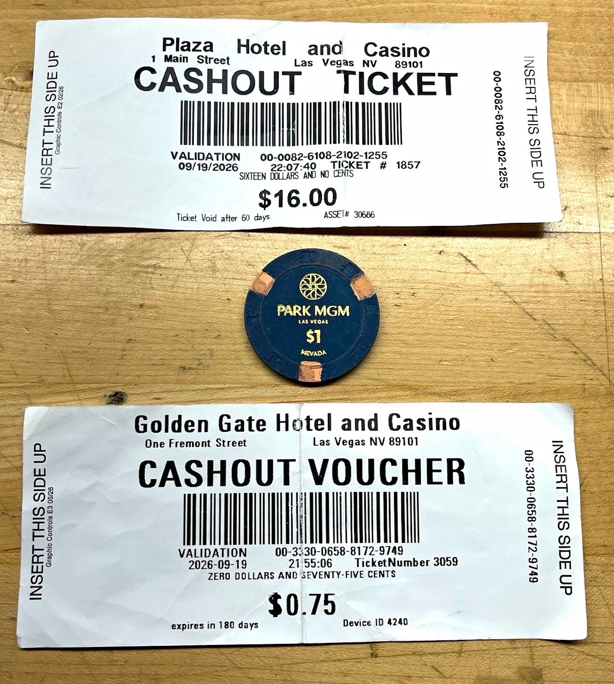 Park MGM $1 Chip + Plaza $16 & Golden Gate $0.75 Cashout Tickets Las Vegas