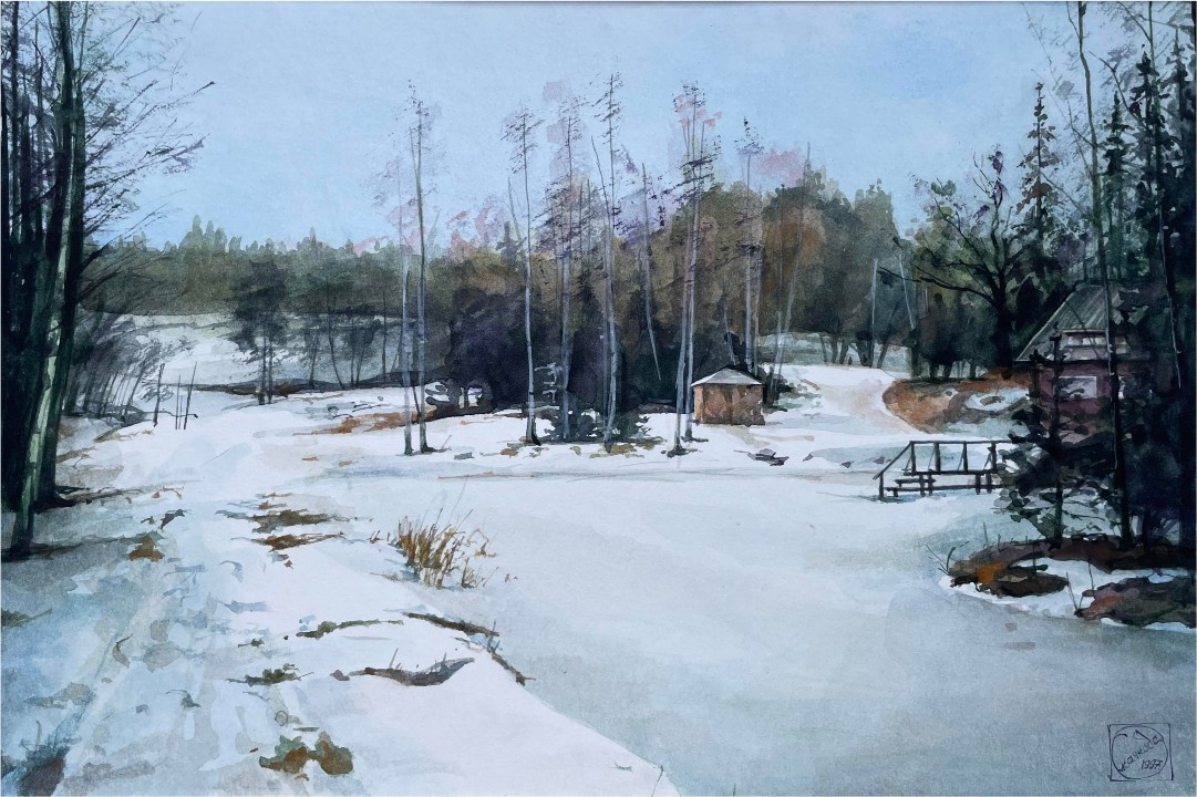 Original Watercolor Birch Trees Winter Landscape Signed Painting 1997 27 x 18 cm Original Watercolor Birch Trees Winter Landscape Signed Painting 1997 27 x 18 cm