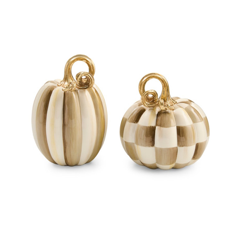 Mackenzie-Childs Mocha Check and Stripe Petite Pumpkins, Set of 2