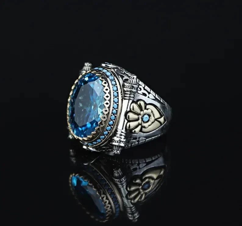 925 Sterling Silver Oval Aquamarine Ring Mens Vintage Turkish Handmade