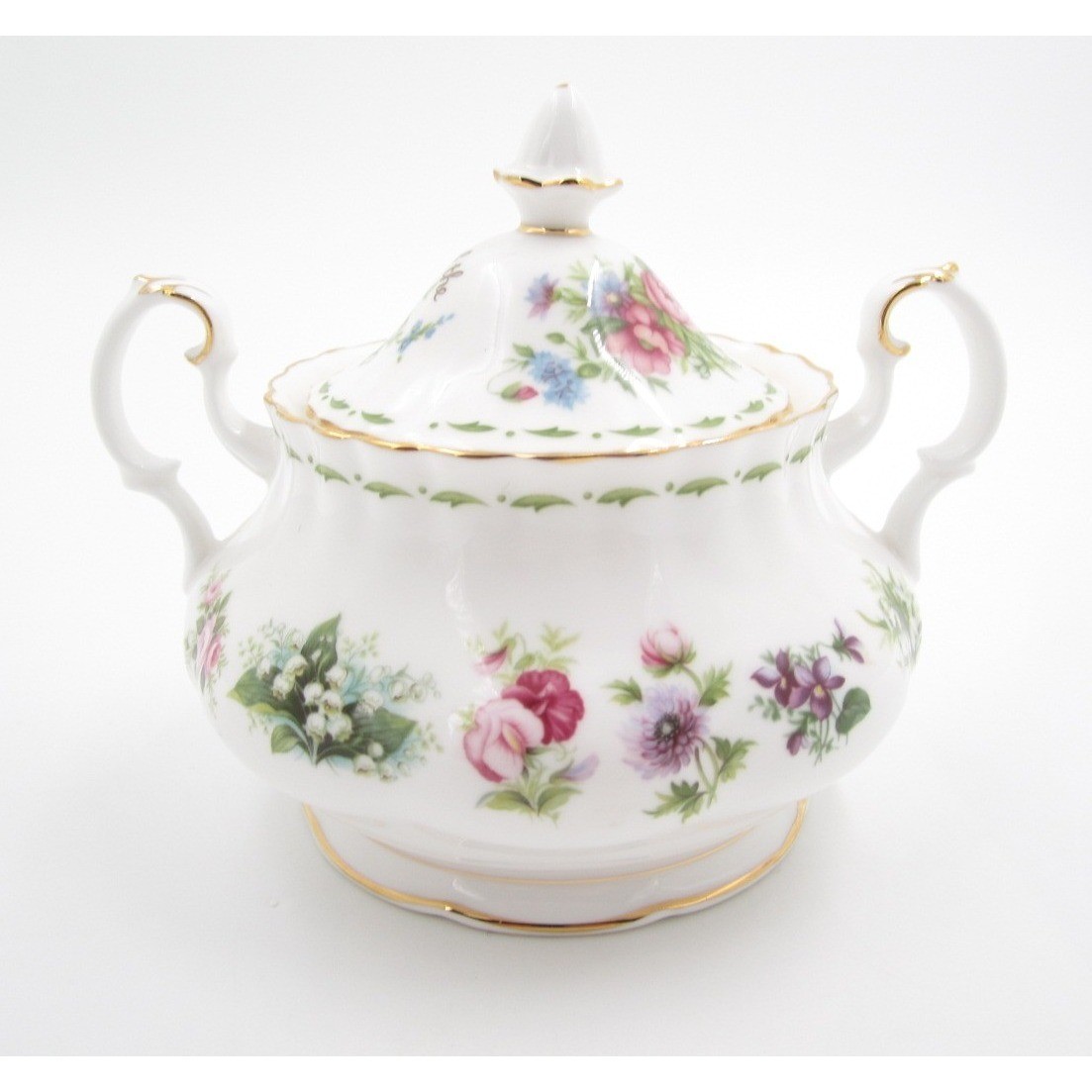 Vtg 1984 Royal Albert Flower of the Month Bone China Lidded Sugar Bowl Gold Trim