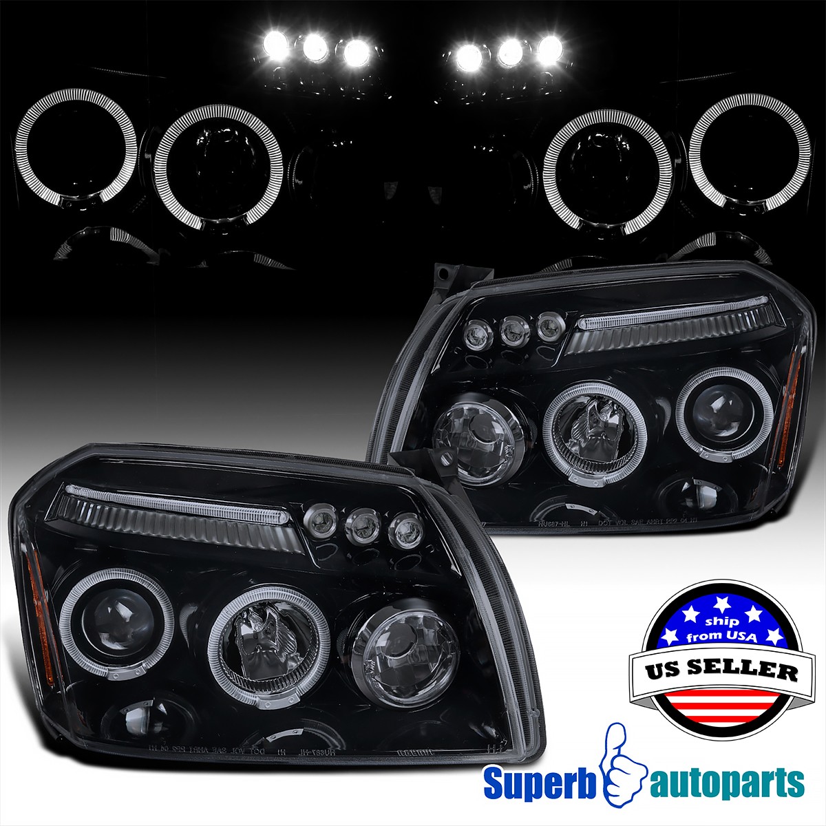 Fits 2005-2007 Dodge Magnum Halo Projector Headlights Black Smoke LED Bar Fits 2005-2007 Dodge Magnum Halo Projector Headlights Black Smoke LED Bar