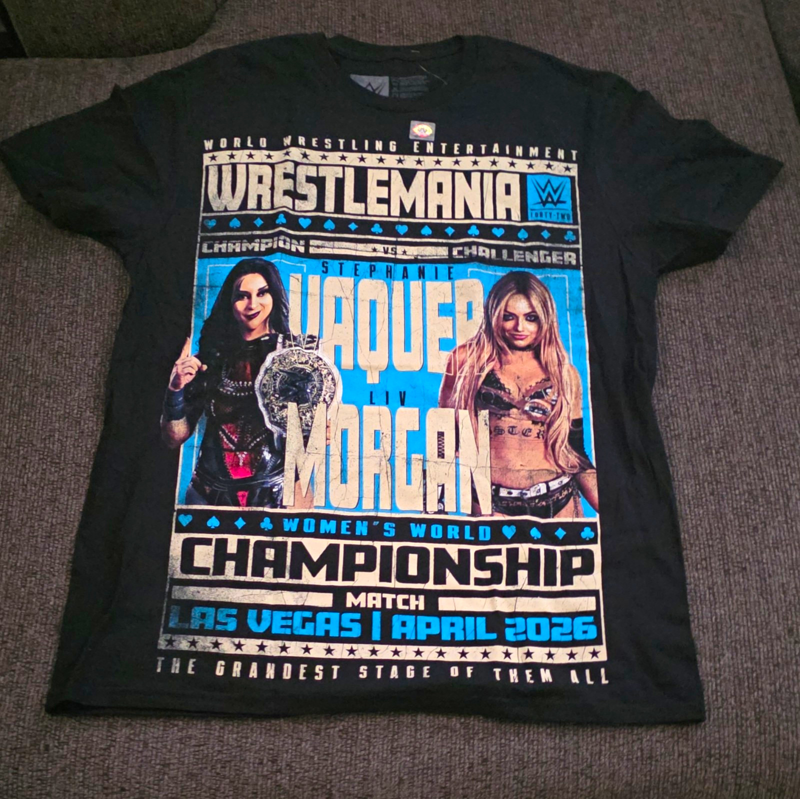 WWE WrestleMania 42 Vaquer vs Liv Morgan Women\'s World Title Shirt Black L WWE WrestleMania 42 Vaquer vs Liv Morgan Women\'s World Title Shirt Black L