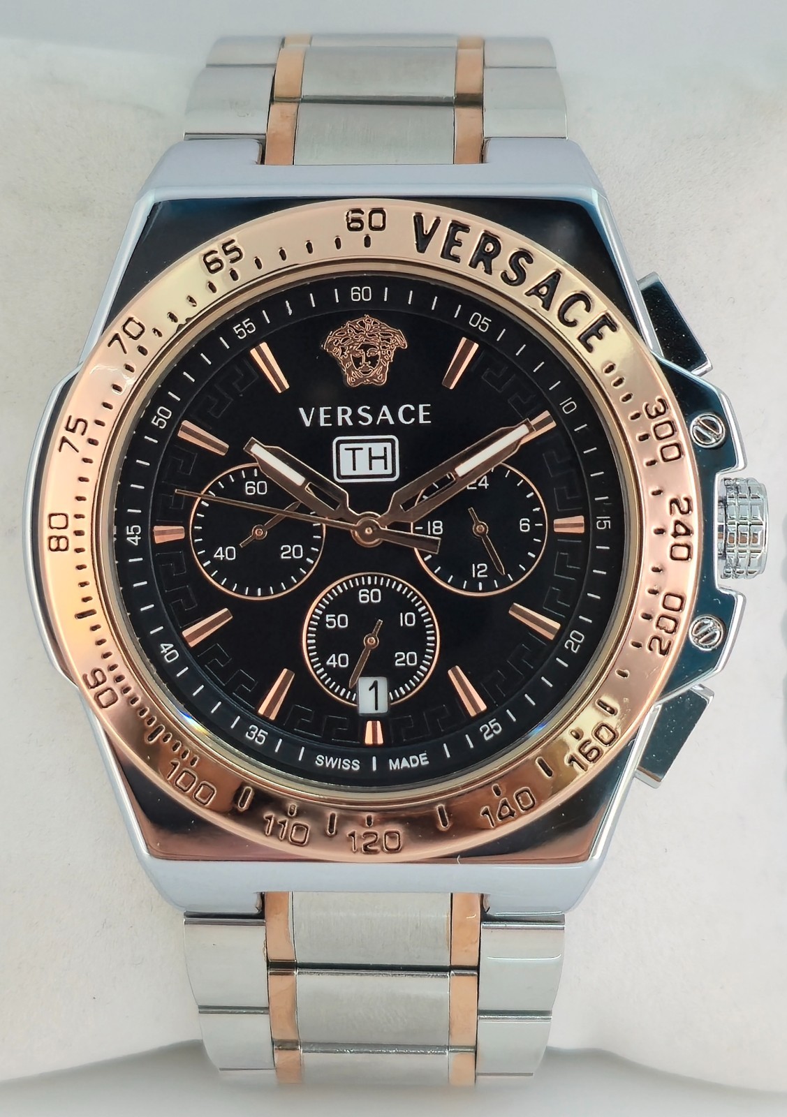 Versace Greca Black Chrono Dial Pink Bezel SS Band With Date Quartz Men\'s Watch