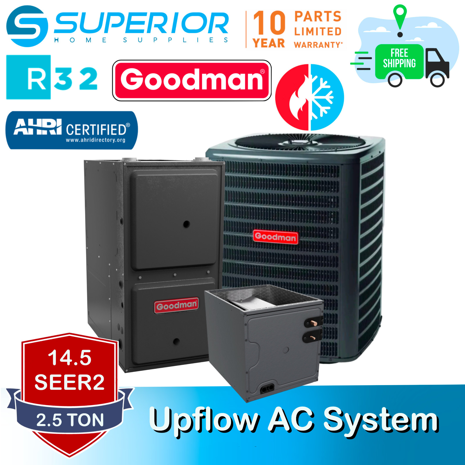 Goodman 2.5 TON 14.5 SEER2 Upflow R-32 AC System with 96% AFUE 60k BTU Furnace Goodman 2.5 TON 14.5 SEER2 Upflow R-32 AC System with 96% AFUE 60k BTU Furnace