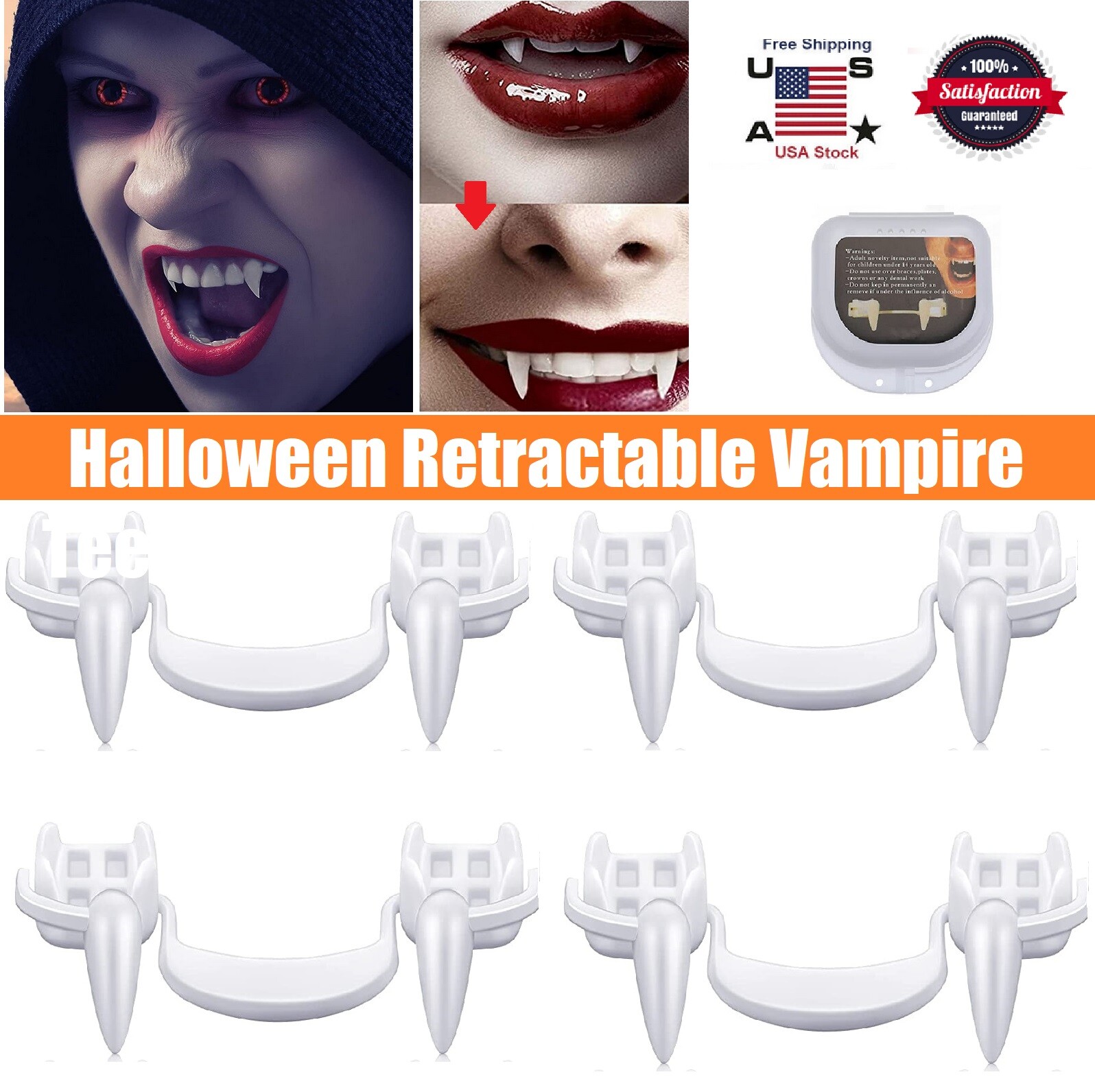 4 × Retractable Vampire Teeth Halloween Cosplay Horror Costume Zombie Fang USA
