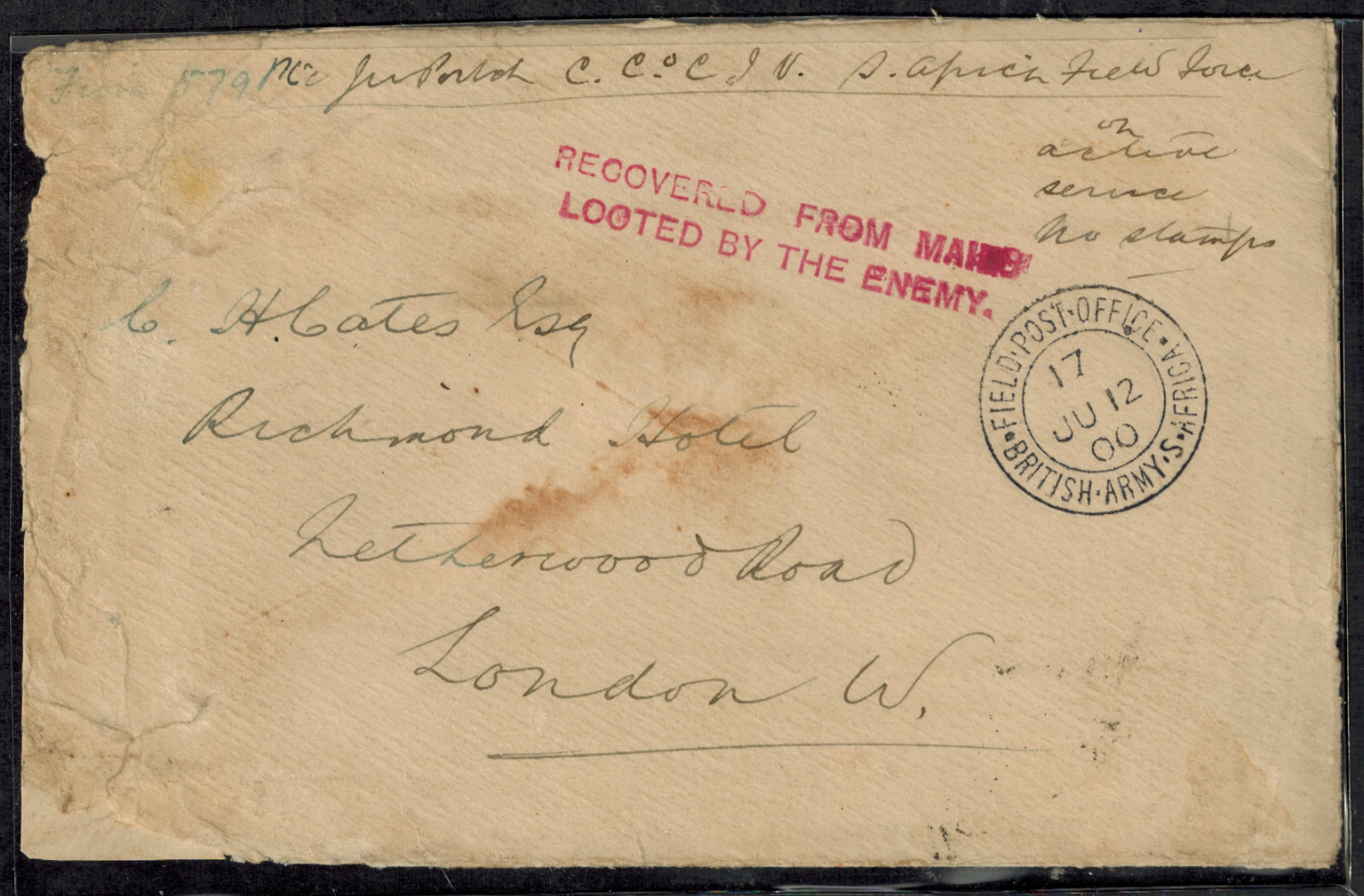 Anglo Boer War 1900 Soldier\'s Cover w/ RECOVERED FROM MAIL LOOTED BY THE ENEMY