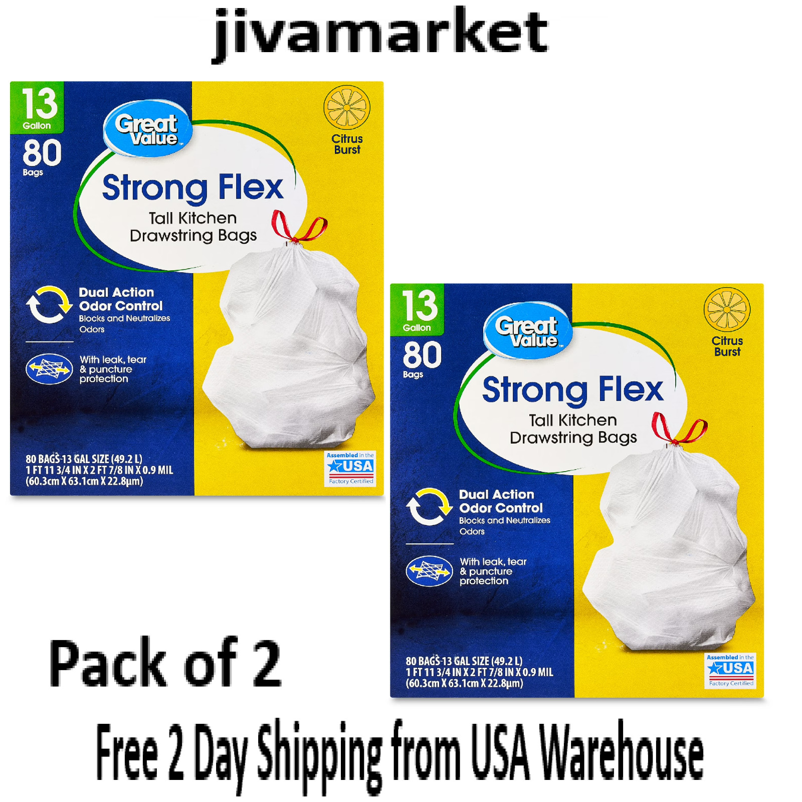 Strong Flex 13-Gallon Drawstring Tall Trash Bags,Citrus Burst,80 Count each-2 Pk