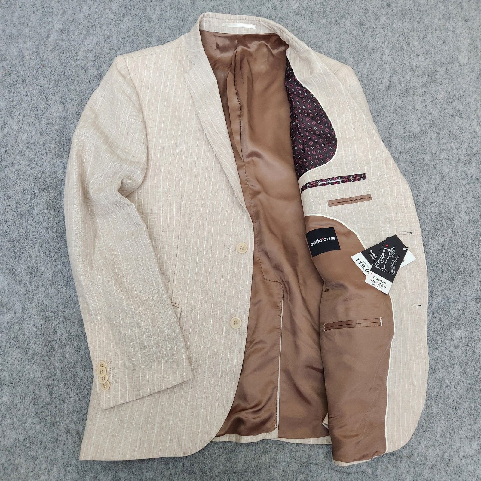 NWT Celio Club 100% Linen Blazer Jacket Men\'s 40R Beige Striped Lined Slim Fit NWT Celio Club 100% Linen Blazer Jacket Men\'s 40R Beige Striped Lined Slim Fit