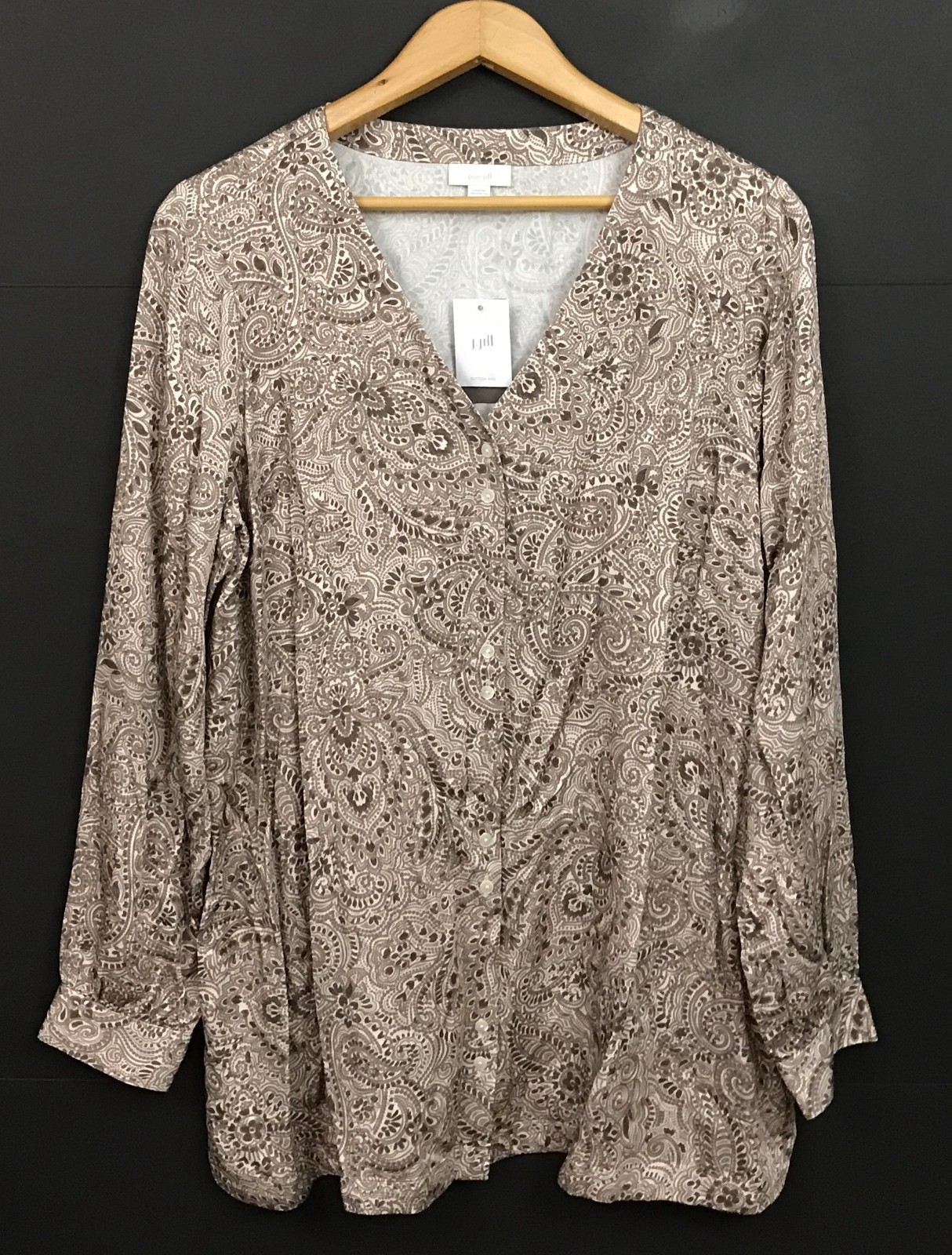 NWT J. Jill Pure Jill Brown Paisley Viscose V-Neck Button Front Tunic Top L Tall