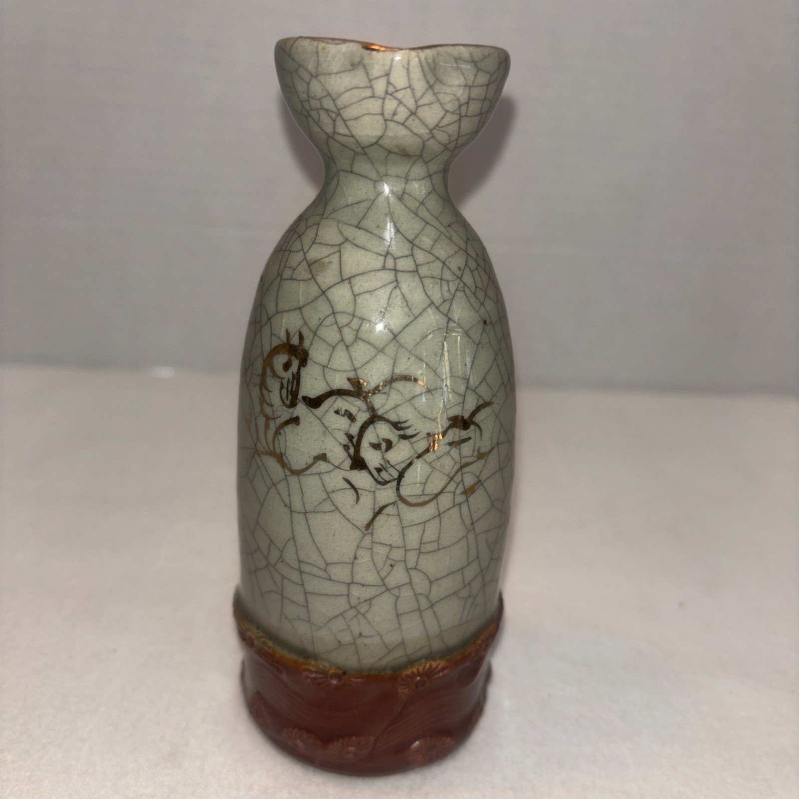 Vintage Japanese Soma Ware Sake Bottle Tokkuri Gold Horse Crackle Glaze 5”