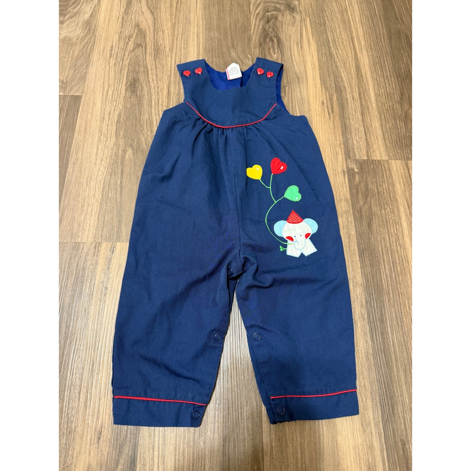 Vintage Elephant Embroidered Jumpsuit Baby 12 Months Navy Blue Heart Buttons