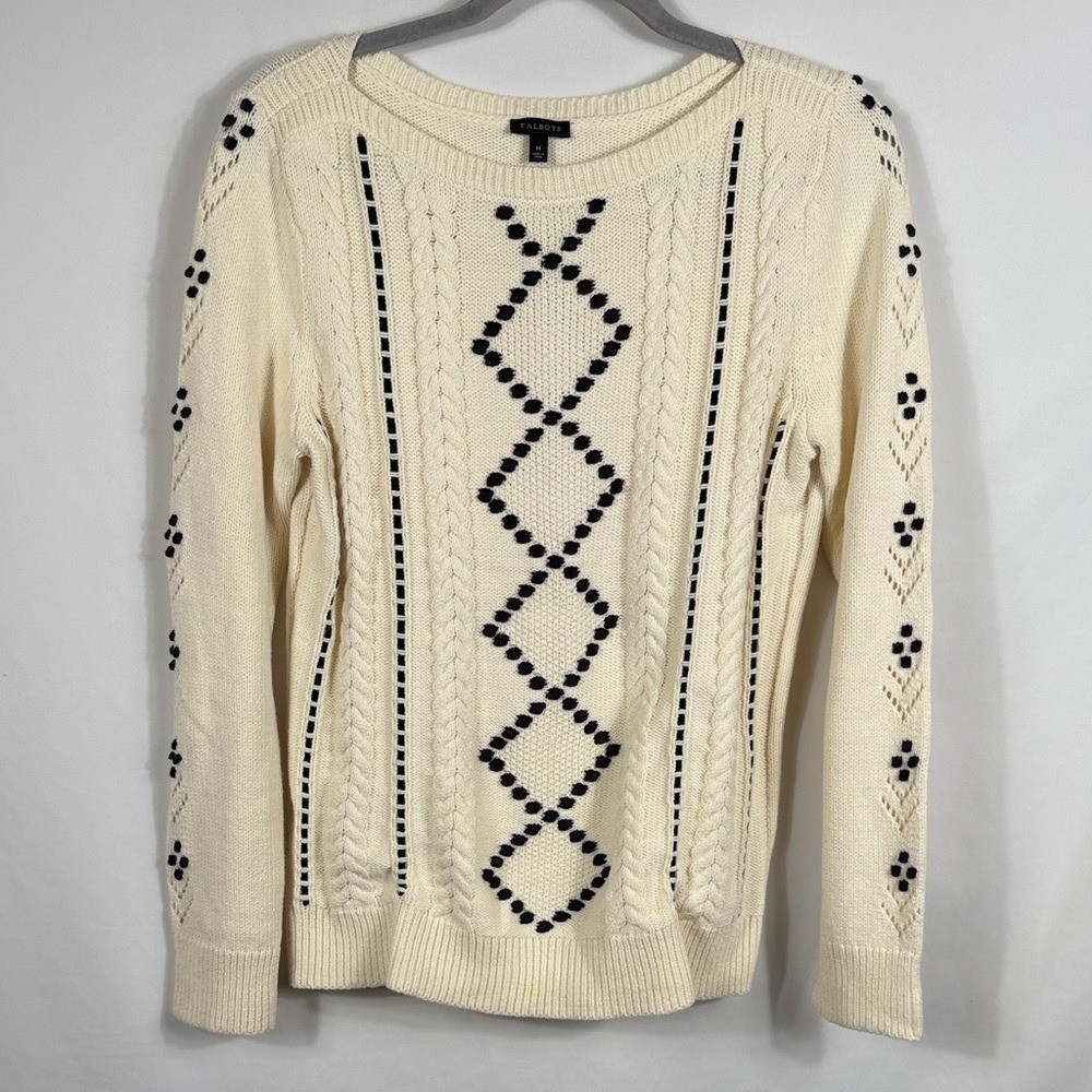 Talbots Cream and Black Ribbon Woven Boat Neck Knit Sweater. Womens Size M Talbots Cream and Black Ribbon Woven Boat Neck Knit Sweater. Womens Size M