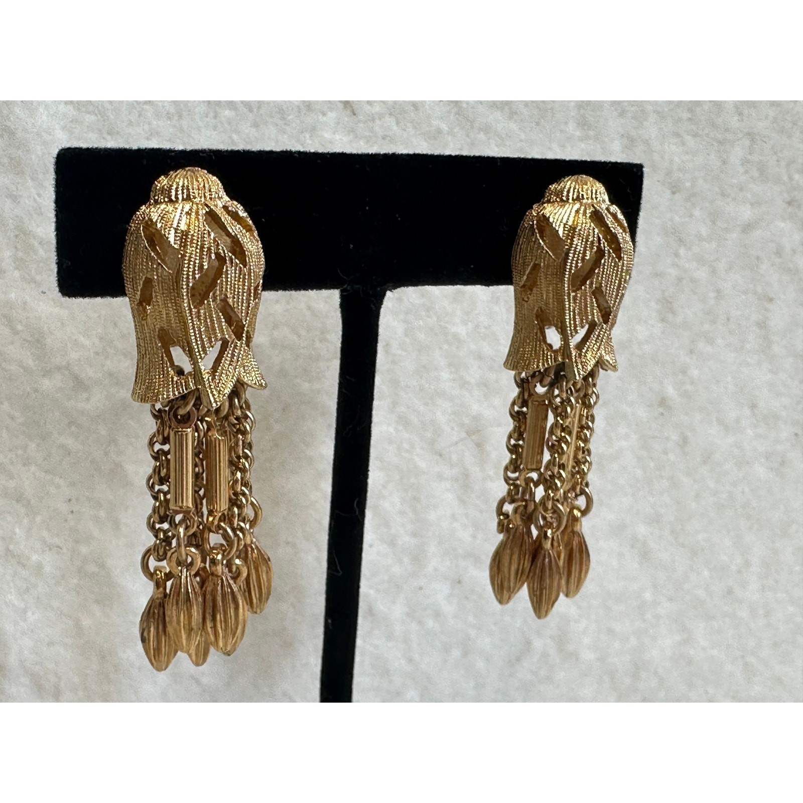 Vintage MONET Gold Tone Tassel Earrings Damita Clip On Dangle Fringe Sgnd PAT'D