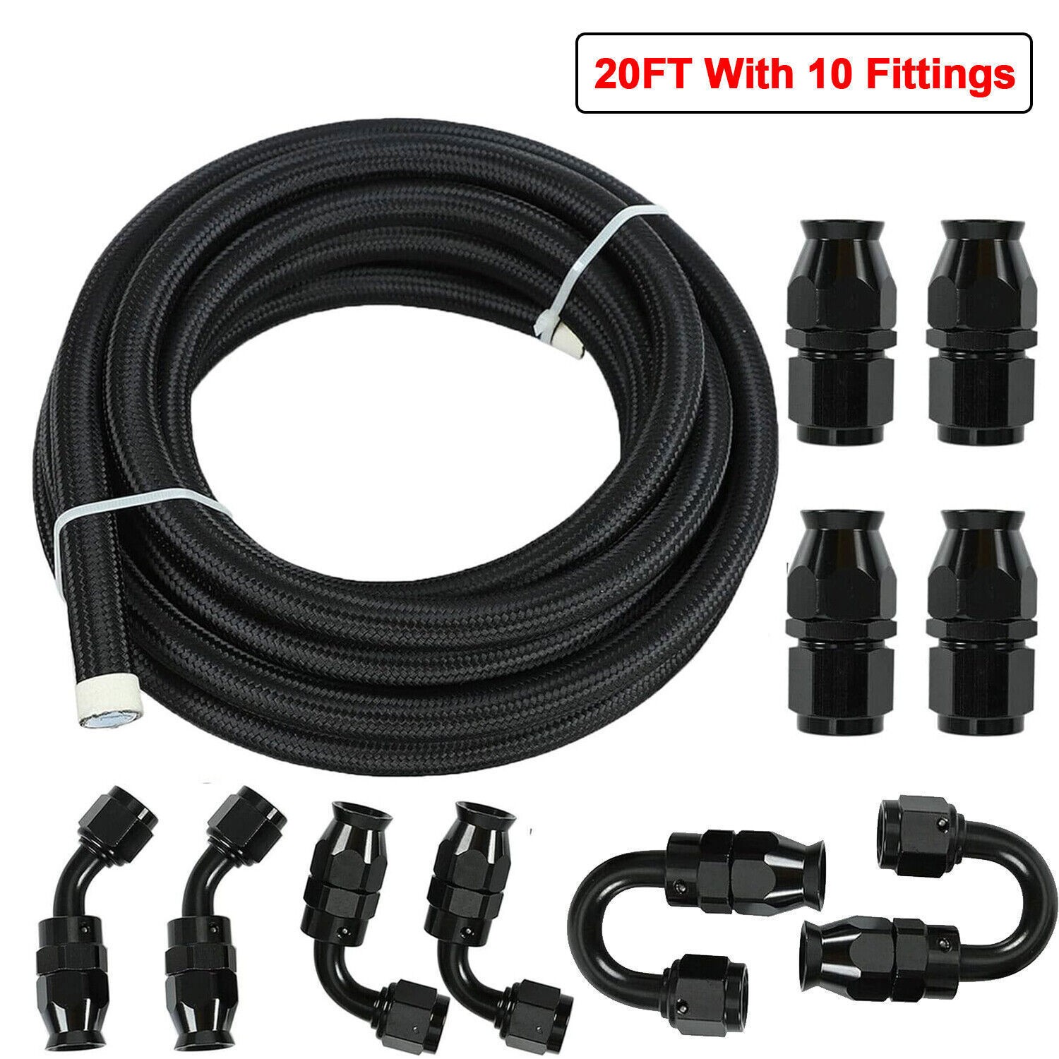 4AN-6AN-8AN-10AN Nylon Braided PTFE Fuel Line 10FT 20FT with 20 Fitting Hose Kit