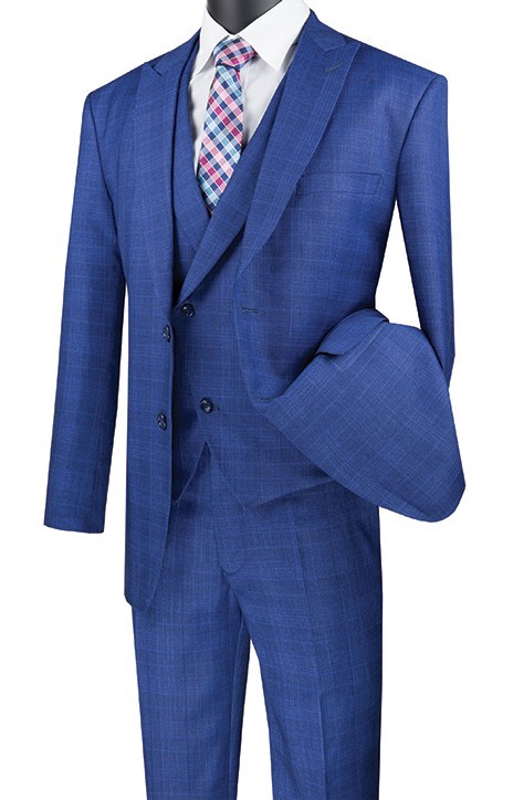 Vinci Men\'s Modern Fit Glen Plaid 3-Piece Suit with Vest (Size 38-56) BLUE Vinci Men\'s Modern Fit Glen Plaid 3-Piece Suit with Vest (Size 38-56) BLUE