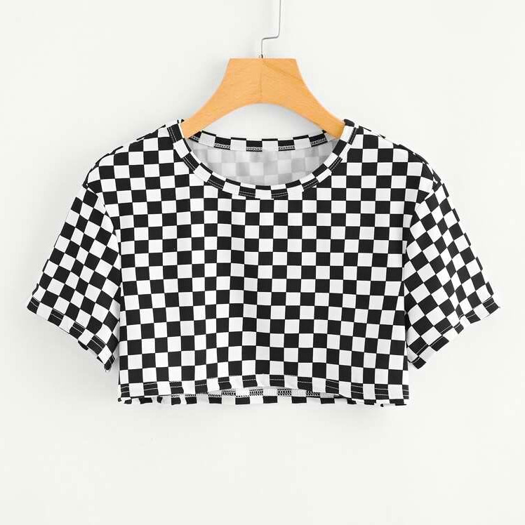 Women\'s Black/White Check Cropped Crew Neck Short Sleeve T-Shirt Plus 4XL Women\'s Black/White Check Cropped Crew Neck Short Sleeve T-Shirt Plus 4XL