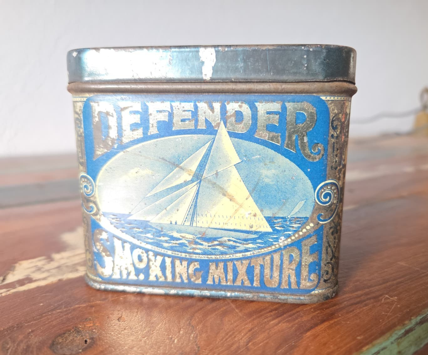 Rare Antique Defender Smoking Mixture Tobacco Tin Yacht Battleship Navy NY 1900s