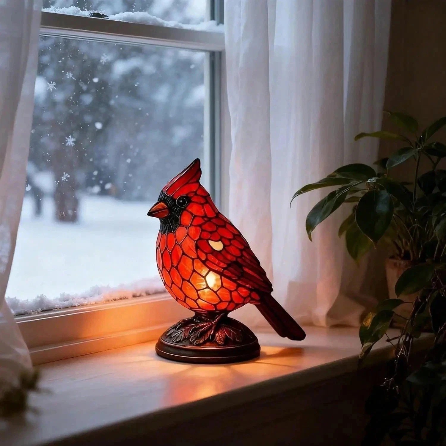 Cardinal Stained Glass Table Lamp Vintage Resin Bird Night Light Home Decor