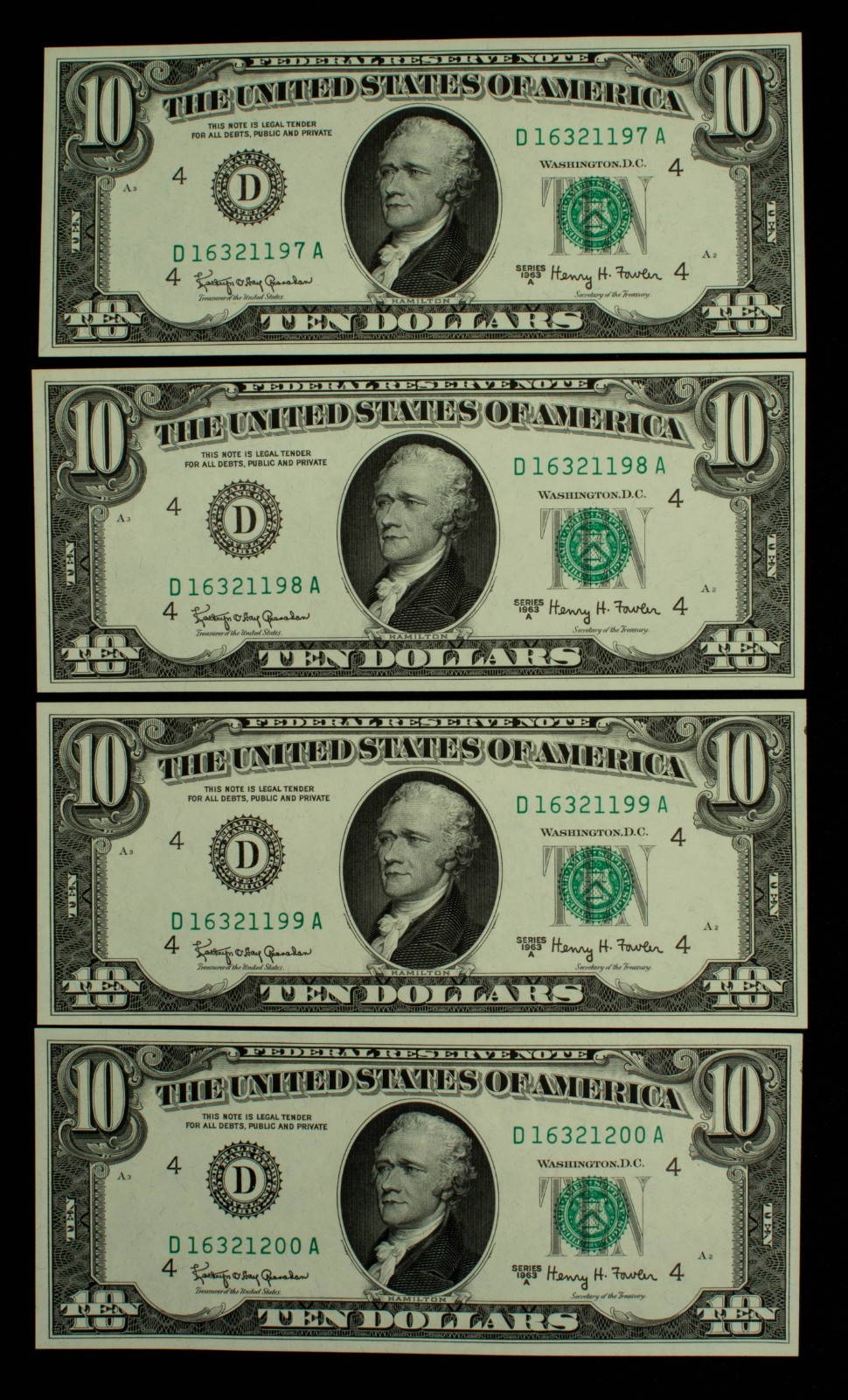 4 Consecutive 1963A $10 FRN US Federal Reserve Notes - FR2017D - UNC - CA2311