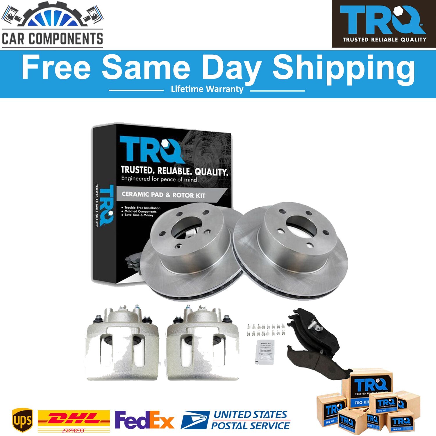 TRQ Front Brake Calipers Ceramic Pads & Rotors Fits Cherokee Comanche Wrangler