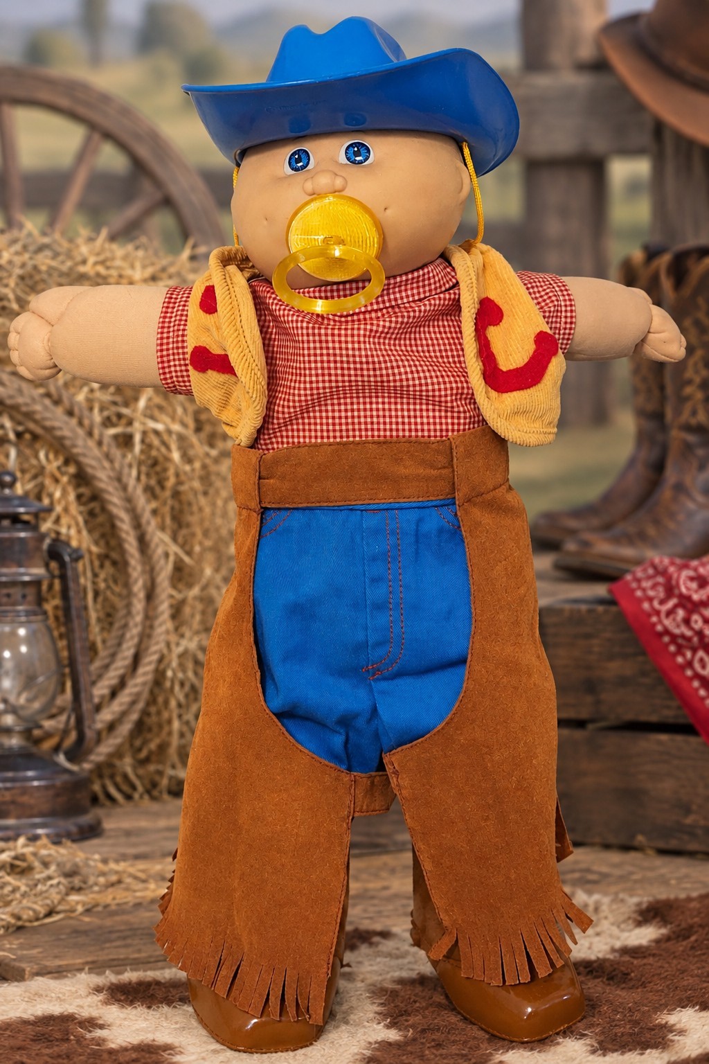 VTG 1985 Cabbage Patch Bald BoyHM4 Paci Blue Eyes Country Western 