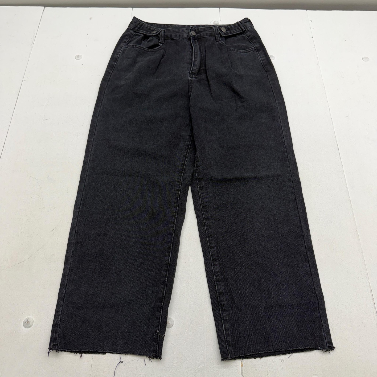 Dazy Wide Leg Jeans Womens L Black Dark Wash High Rise Relaxed Crop Raw Hem
