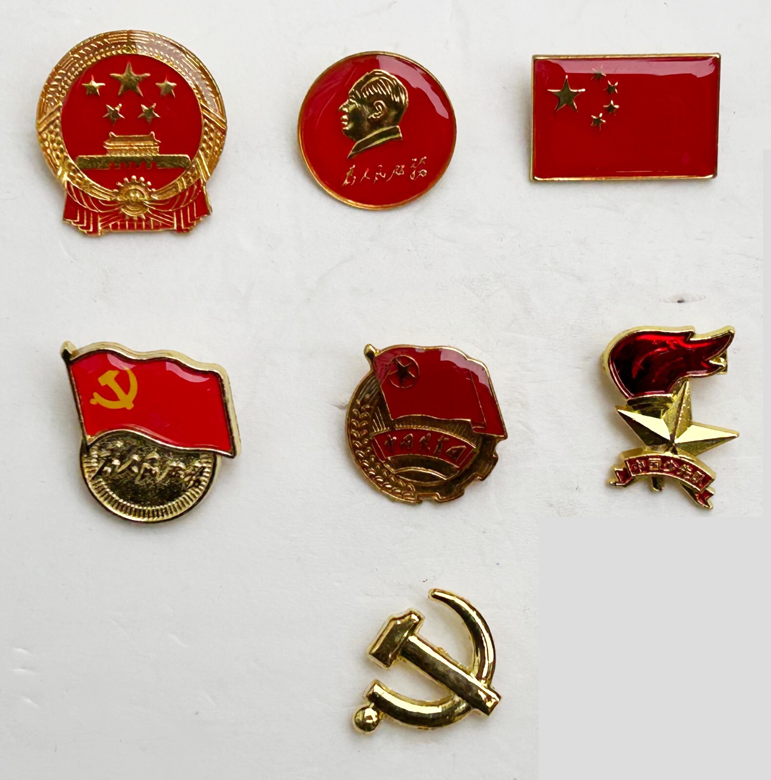 7 Badges: Mao,National Flag/Emblem,Party,Communist Youth League,Young Pioneers