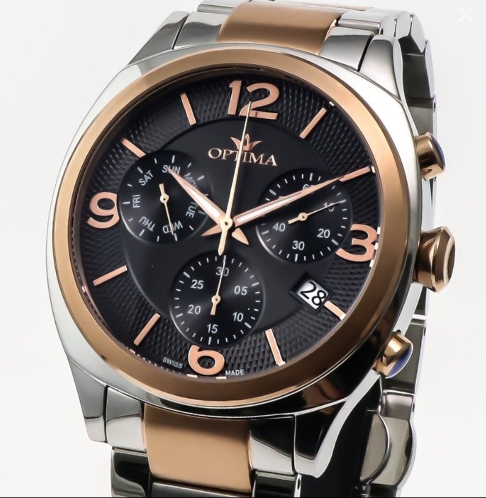 Optima Swiss Chronograph Watch 44mm Quartz PVD Rose Gold 5ATM OSC449-SR-3 Optima Swiss Chronograph Watch 44mm Quartz PVD Rose Gold 5ATM OSC449-SR-3