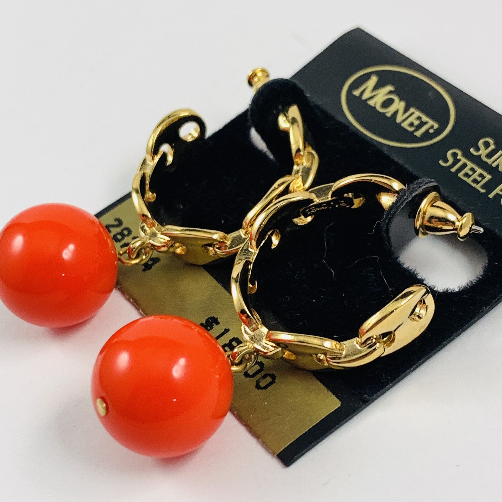 MONET Vintage 80s 90s Gold Tone Chain Half Hoop Orange Ball Pierced Earrings NEW MONET Vintage 80s 90s Gold Tone Chain Half Hoop Orange Ball Pierced Earrings NEW