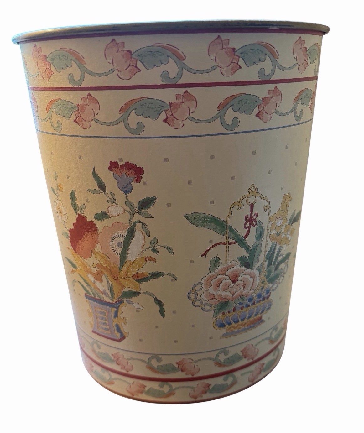 Metal Wastebasket Vintage Hand Painted Metal Wastebasket Vintage Hand Painted
