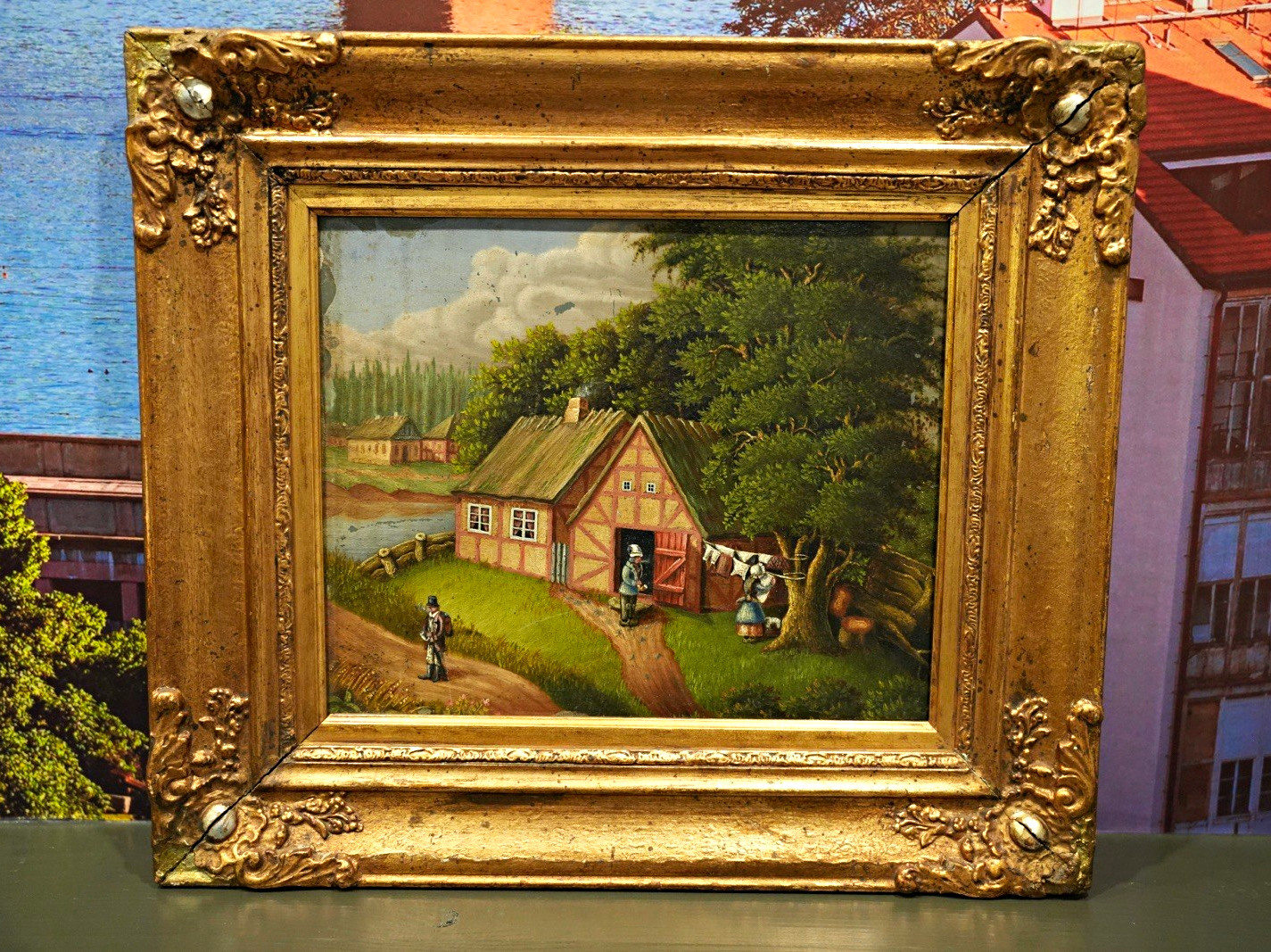 Antique 19th-Century European Rural Farm Scene – Oil on Panel-Period Gilt Frame