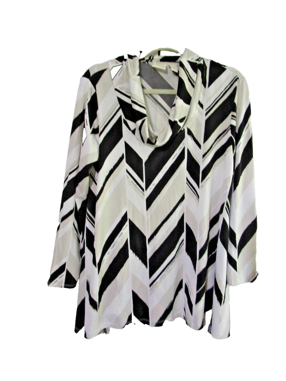 Chico\'s Women\'s Blouse Size Medium White & Black Cowl Neck Long Sleeve Tunic