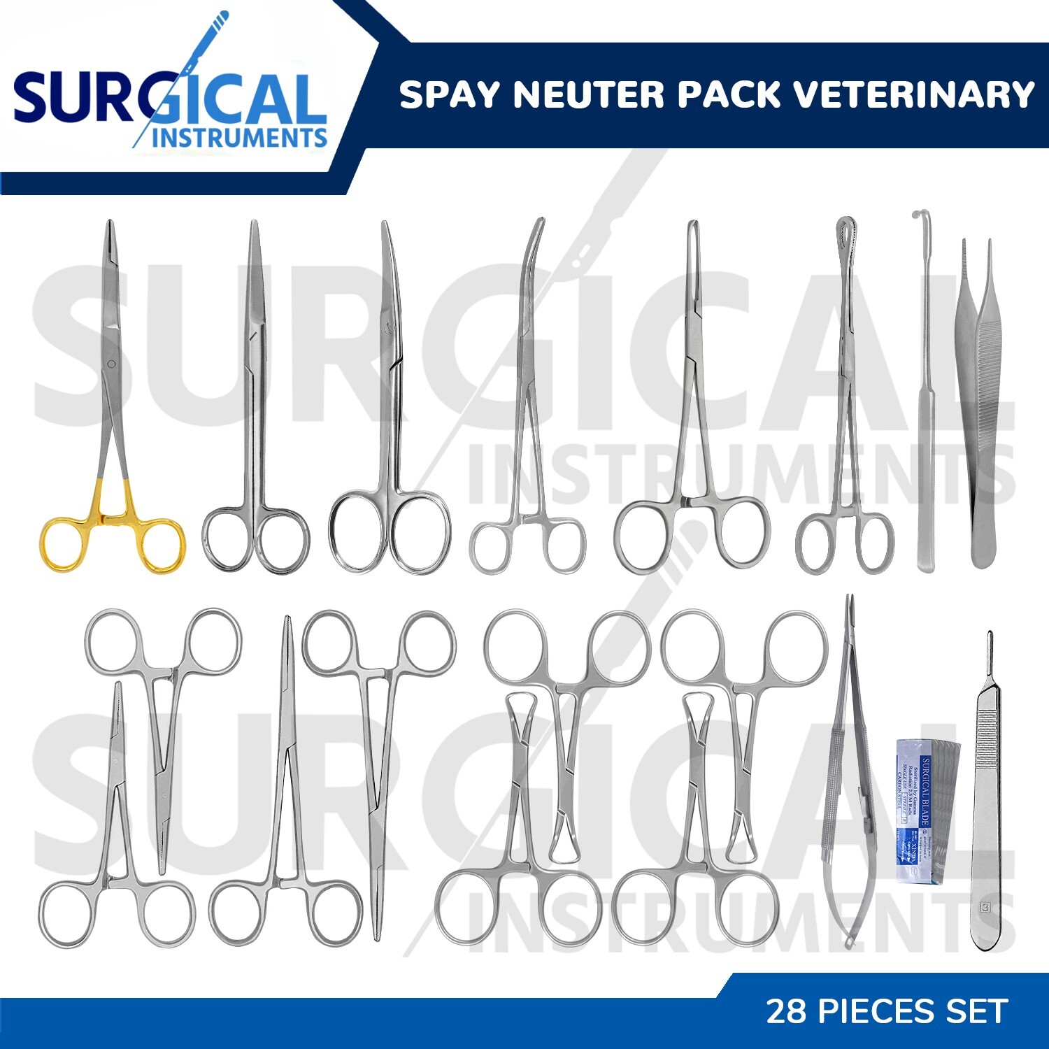 28 Spay Neuter Pack Veterinary Instrument Forceps Scissors Surgical German Grade