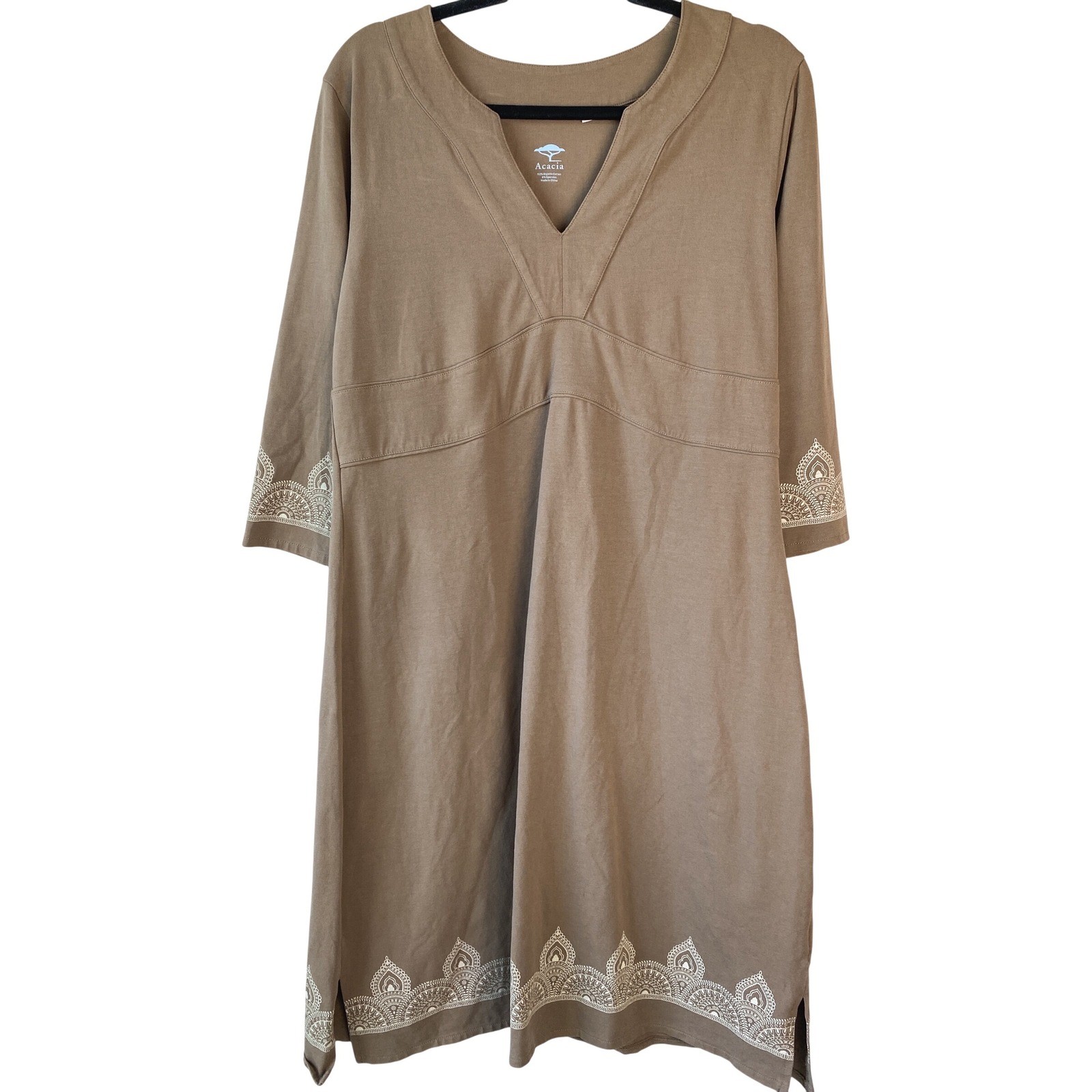 Acacia Womens Dress L Brown Organic Cotton Stretch Lagenlook Boho Tunic Coastal