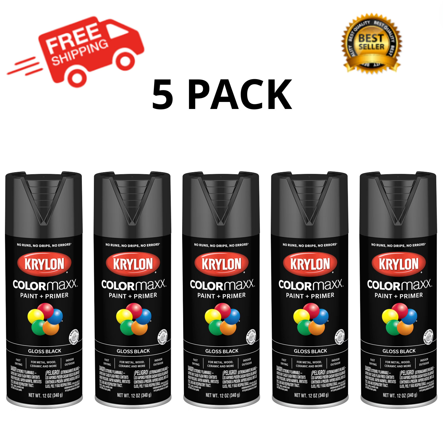Krylon COLORmaxx Gloss Black Spray Paint and Primer, 12 oz, 5 Pack Krylon COLORmaxx Gloss Black Spray Paint and Primer, 12 oz, 5 Pack