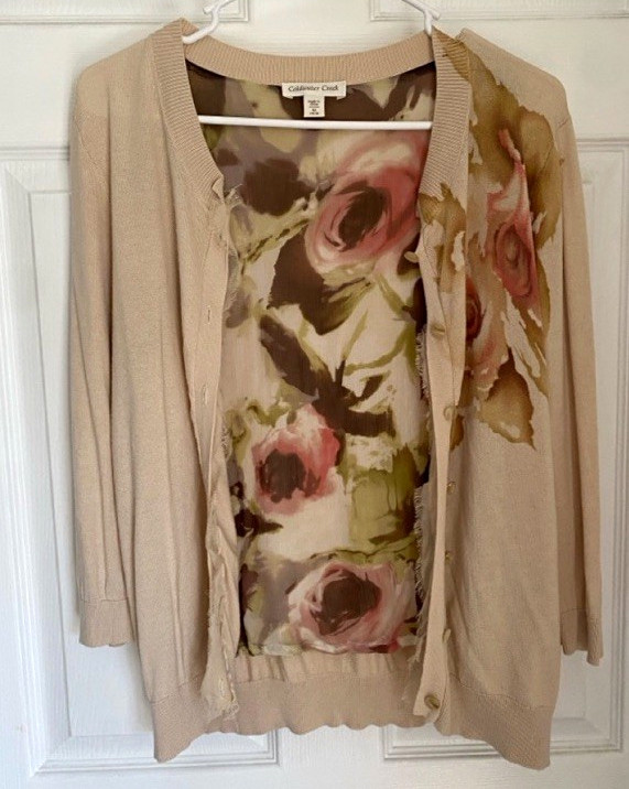 Coldwater Creek Women’s 3/4 Sleeve V-Neck Floral Knit Cardigan Sweater M