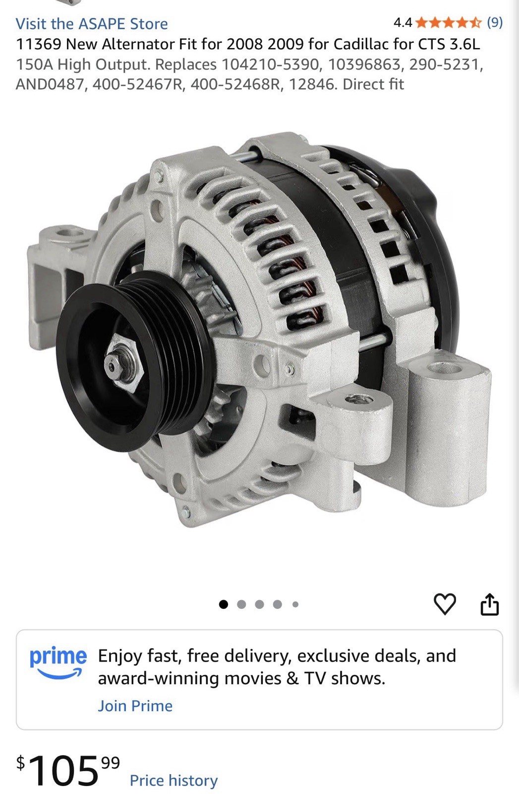 150A Alternator Cadillac CTS 3.6L 2008-09 High Output 11369 10396863