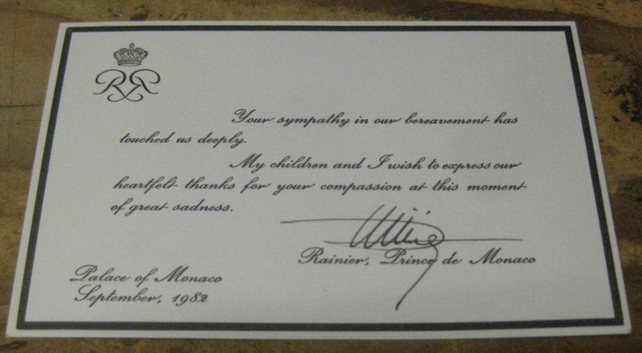 Original Signed Prince Rainier of Monaco 1982 Grace Kelly Bereavement Card